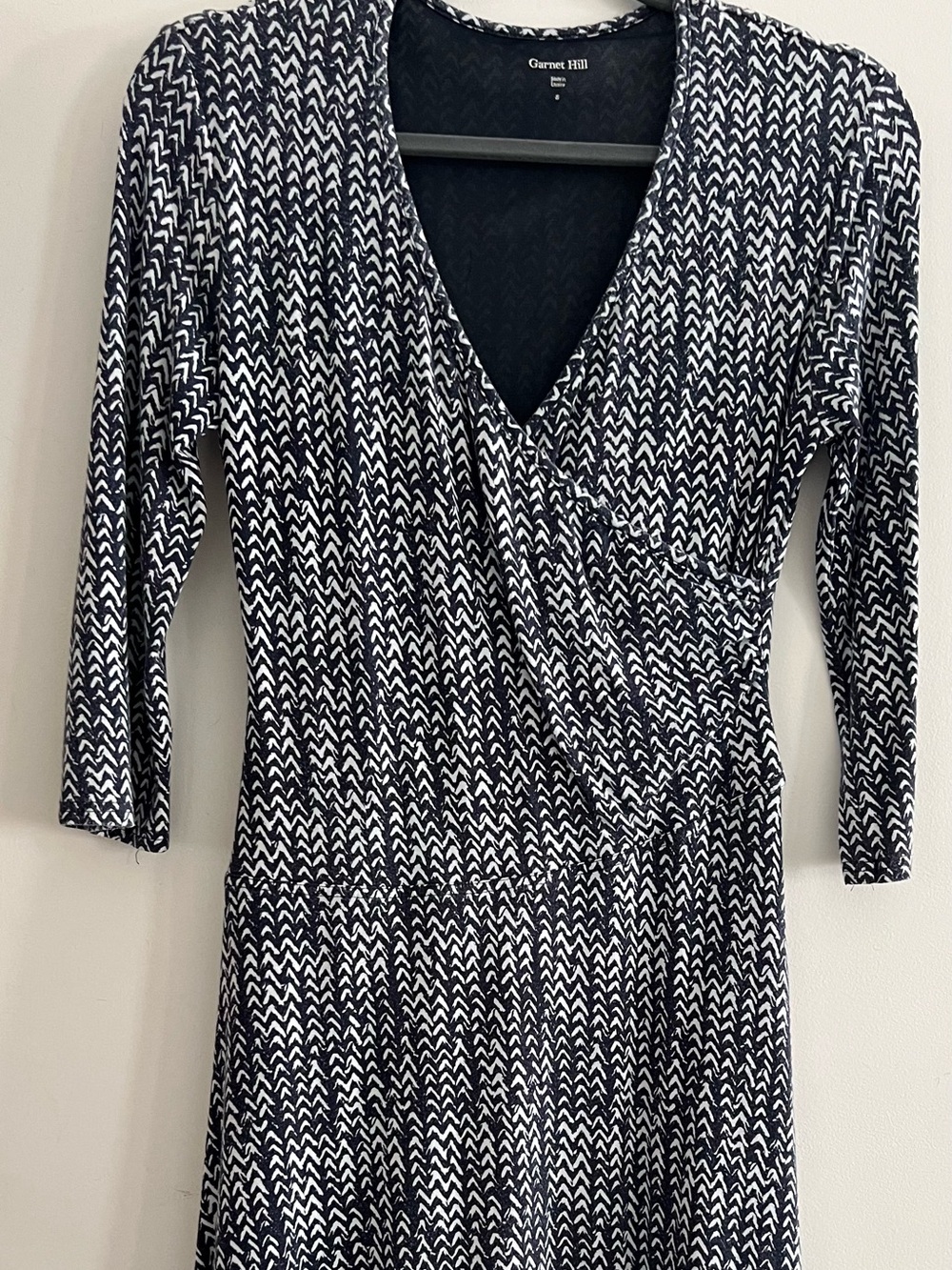 Garnet Hill Navy & White 3/4 Length Sleeve Wrap Dress